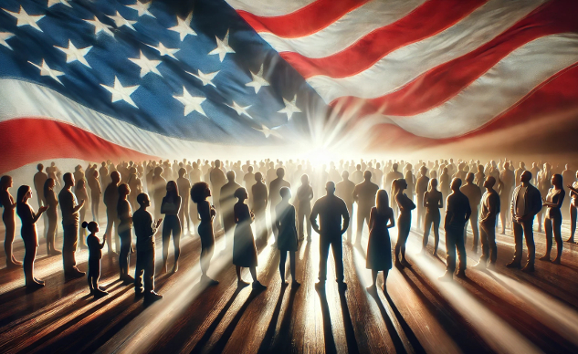 It’s Time to Reawaken Our Love and Respect for America image of a group of people standing under a flowing American flag