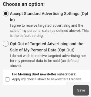 Screenshot from an android phone with the default opt-in selection radio button filled in