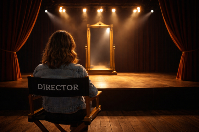 Choosing to Respond Differently: Getting Out of the Rut person sitting in a director's chair facing the stage which only hold a full-length mirror in the lights